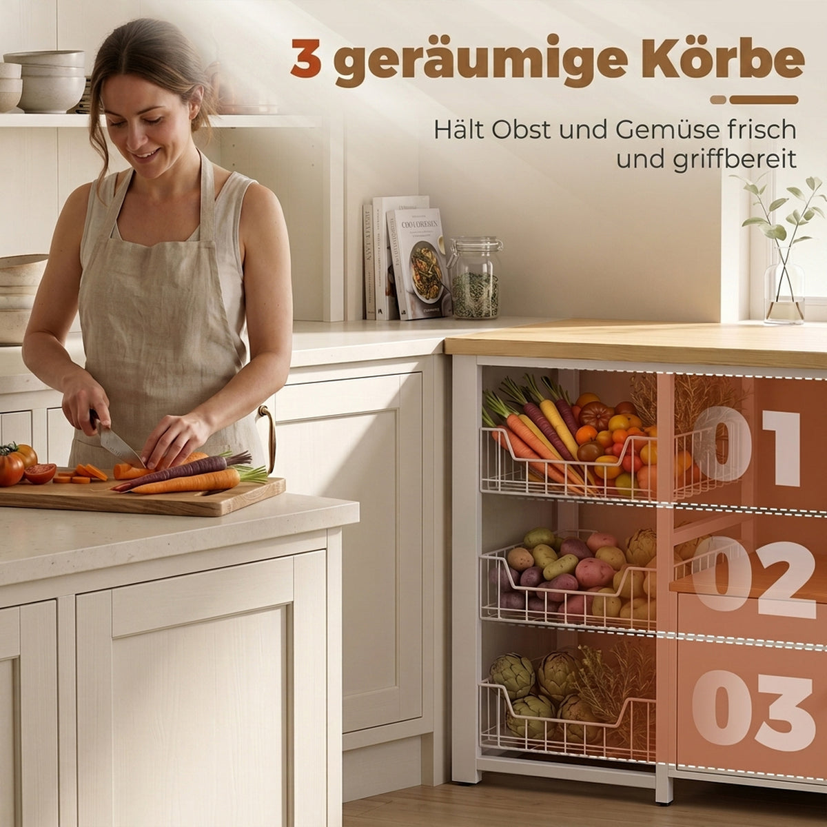 Küchenregal mit Stauraum, Mikrowellenregal mit 3 Körben und Schrank, 100 x 35 x 80 cm, Weiß