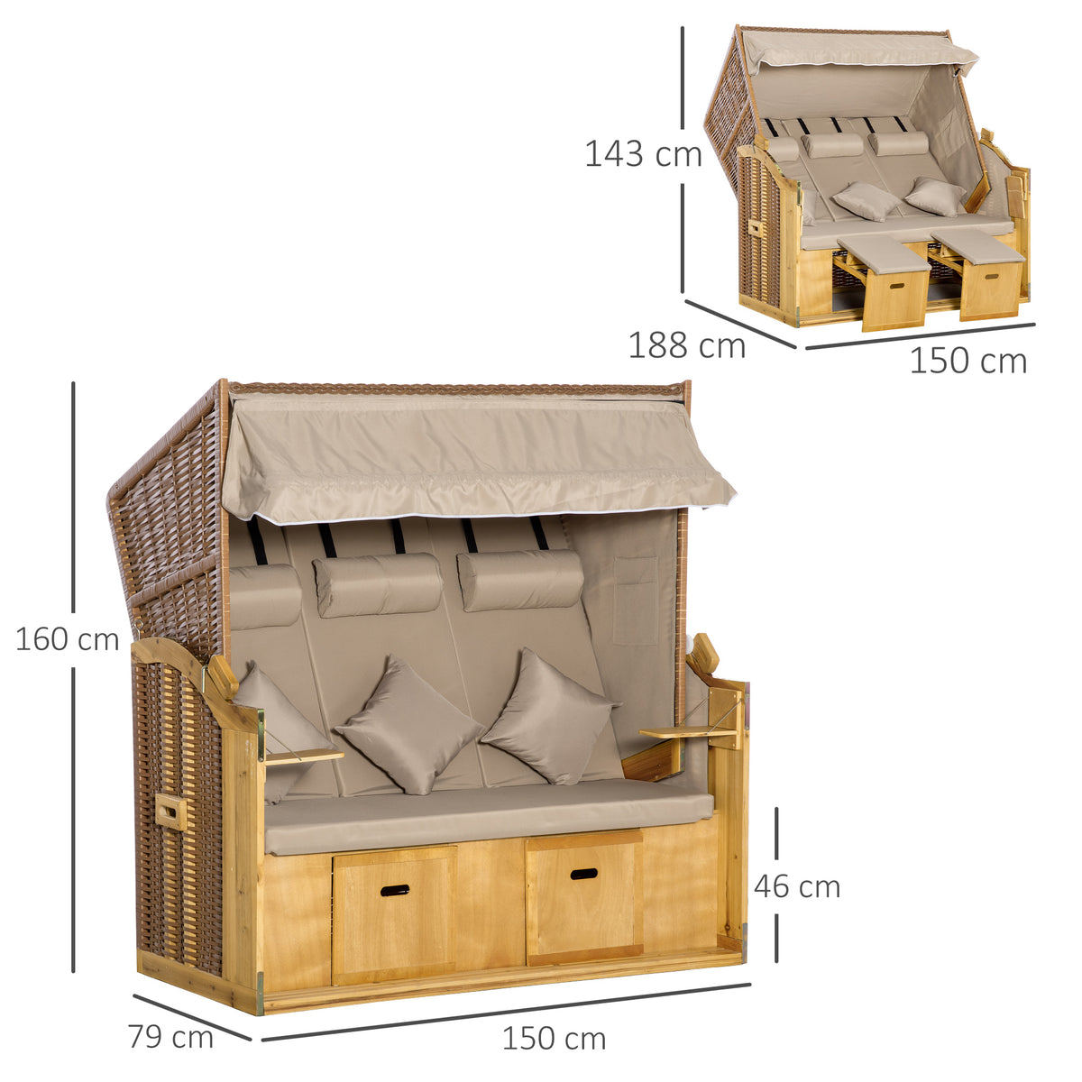 Strandkorb 3-Sitzer Sonnenliege mit Dach 2 Klapptischen Fußstütze Chaiselongue 5-stufige Rückenlehne XXL Polyrattan Natur 150 x 79 x 160 cm