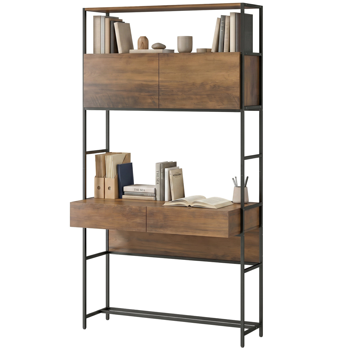 Computertisch mit Regalen und 2 Schubladen für das Home Office, 185 cm hoch, Braun Holzoptik