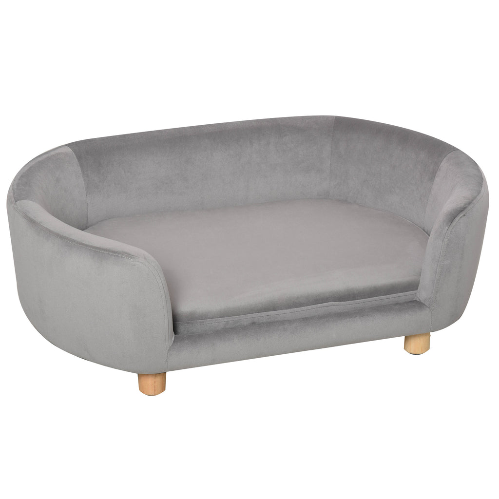 Hundesofa Hundebett aus holländischem Samt Hundecouch mit Rückenlehne, Holzbeine, Kissen, Katzensofa mit weicher Polsterung für kleine Hunde 86 x 55 x 33 cm Hellgrau