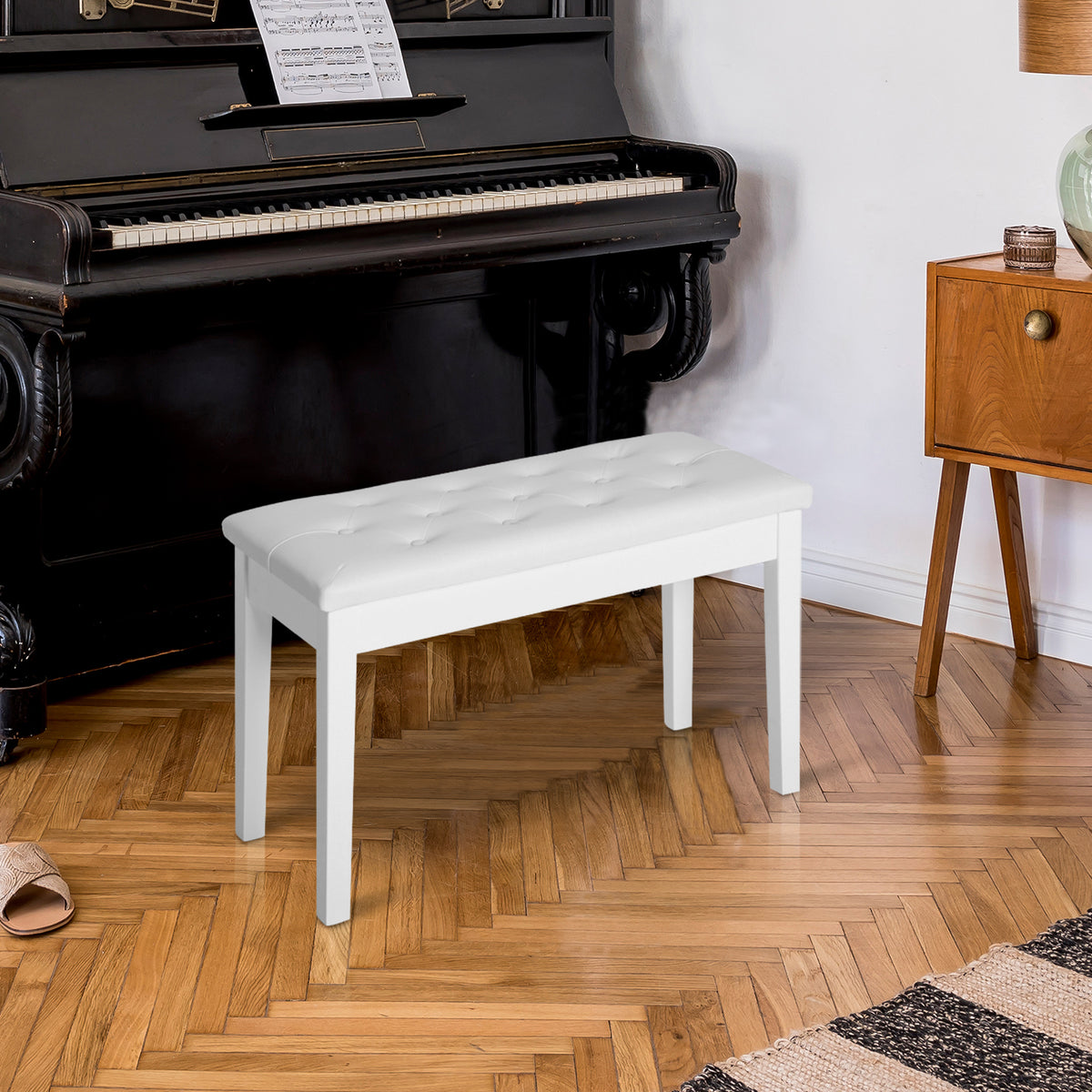 PU Leather Upholstered Piano Stool Makeup Stool Bench Dressing Table Seat with Storage 76x36x50cm, White