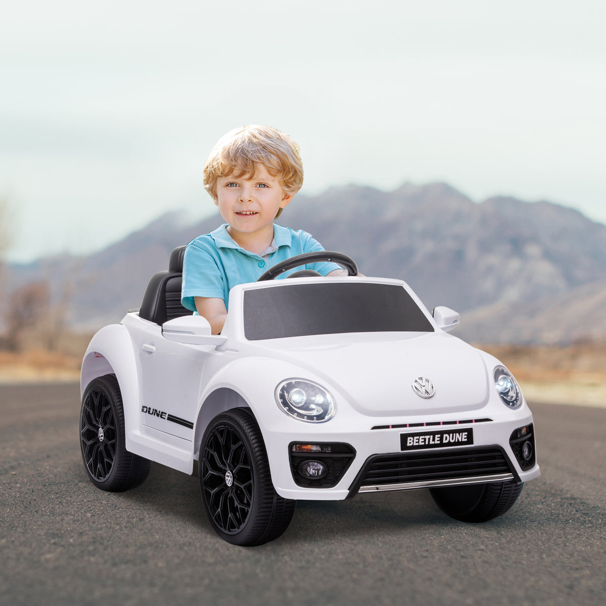 Elektro-Kinderfahrzeug, VW Käfer, 3-5 km/h, mit Fernbedienung & Musik, Weiß