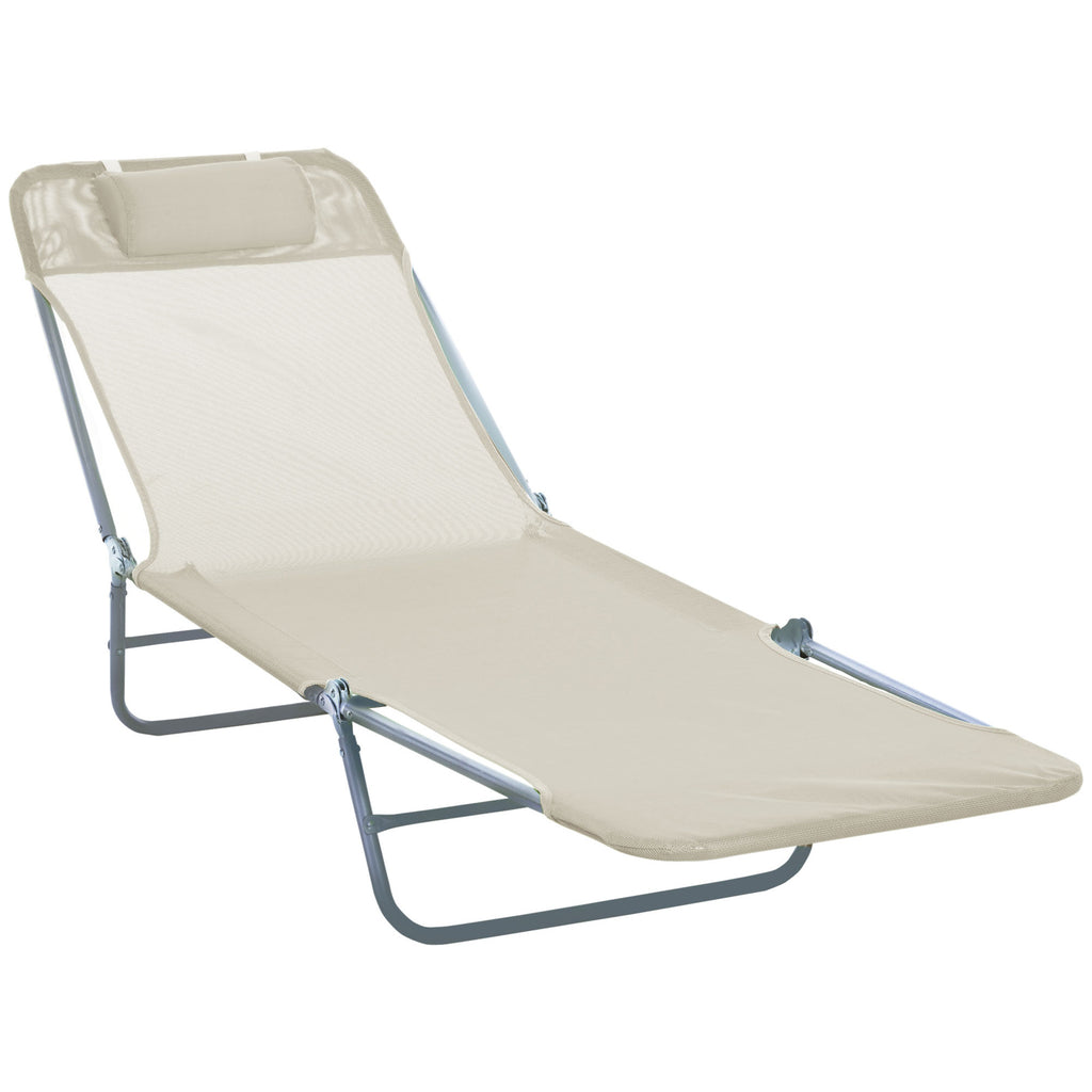 Folding Sun Lounger, Texteline Reclining Sun Bed with 5 Position Adjustable Backrest, Headrest, Beige