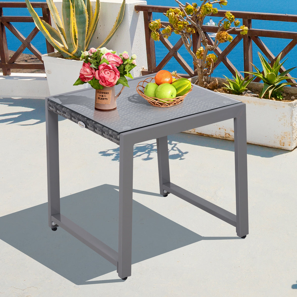 Gartentisch Garten Beistelltisch Tisch Gartenmöbel mit Hartglas Polyrattan + Aluminium Grau 50 x 49,5 x 50 cm