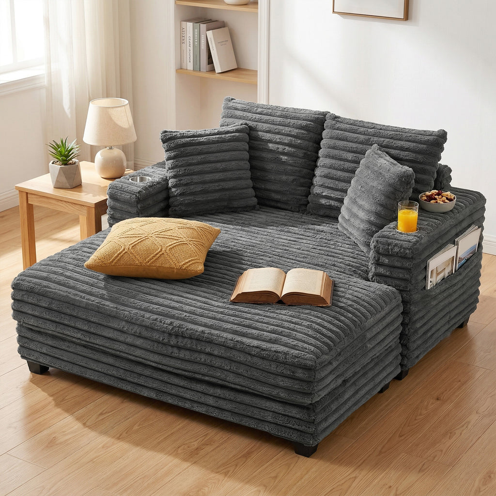 Chaiselongue 2 Sitzer Groß Schlafsofa 134 x 151 cm mit Becherhalter für Wohnzimmer, Grau