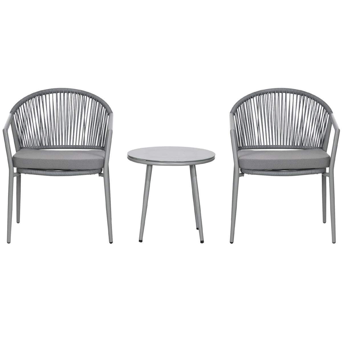 Gartenmöbel-Set, 2 Stühle & 1 Tisch mit Glasplatte, Rattanoptik, wetterfest, Metallrahmen, Grau