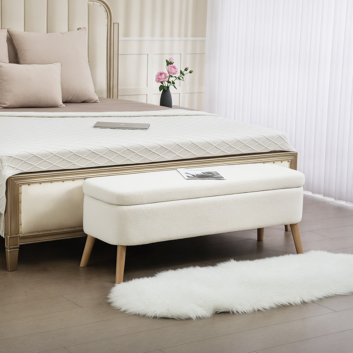 Aufbewahrungsbank, Sitzbank mit 65 L Stauraum, Teddy-Fleece-Stoff, Kautschukholz, 120 x 42 x 45 cm, Cremewei?
