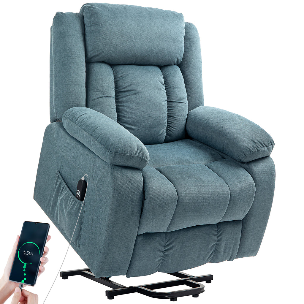 Aufstehsessel mit weichem Bezug, Recliner-Sessel mit Fernbedienung und Seitentaschen, Blau
