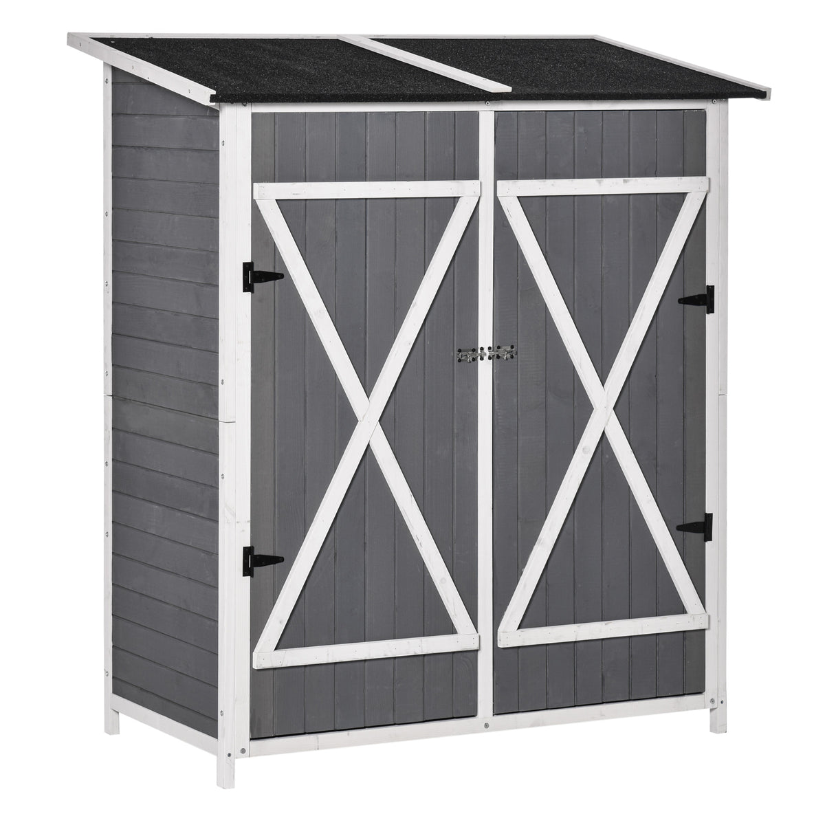 Gartenschrank Geräteschuppen mit 2 Tür Geräteschrank mit Asphaltdach Gartenlagerschrank Antidumping Design mit Bodennägel Tannenholz Grau+Weiß 139 x 75 x 160 cm