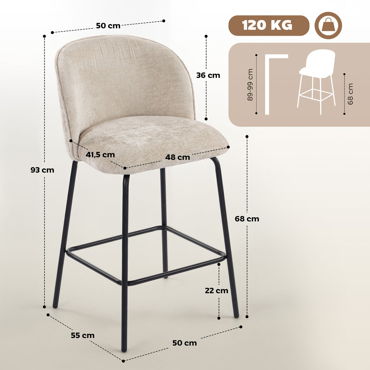 2er-Set Barhocker mit Rückenlehne und Fußstütze, Polsterstühle mit Stahlbeinen für Kücheninsel, Esszimmer, Beige
