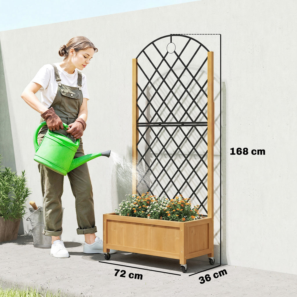 Hochbeet mit Metallgitter, Holz-Pflanzkasten mit Rädern, Outdoor-Pflanzkasten, Braun