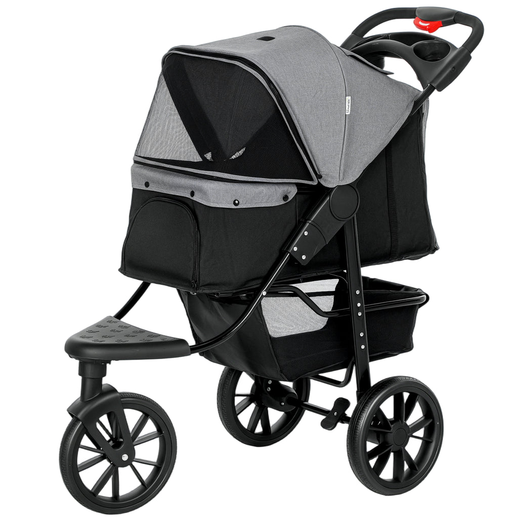  Dog Stroller Foldable Pet Pram, 3 Wheels Dog Pushchair with Brake, for Small Miniature Breeds, Cats, Grey