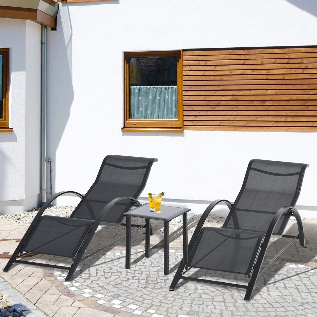 Gartenlounge-Set, 2 Liegen mit Beistelltisch, atmungsaktiver Stoff, stabiler Metallrahmen, Schwarz