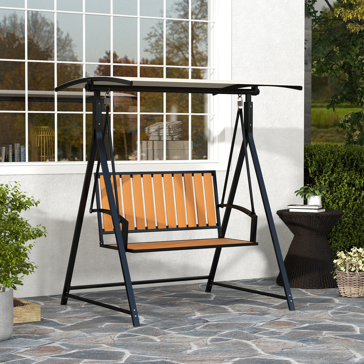 Hollywoodschaukel mit verstellbarem Sonnendach, 2-Sitzer Gartenschaukel 142 x 112 x 162cm, Schwarz