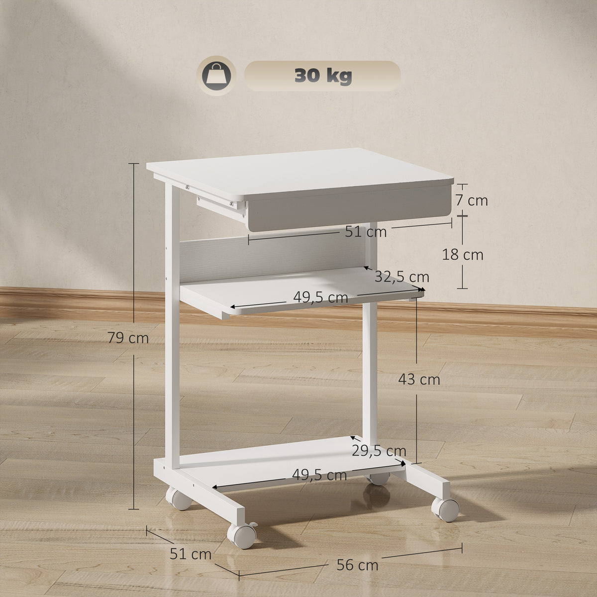Roll-Schreibtisch mit Schublade und Regalen, 4 Räder, kompakt, Spanplatte, Metall