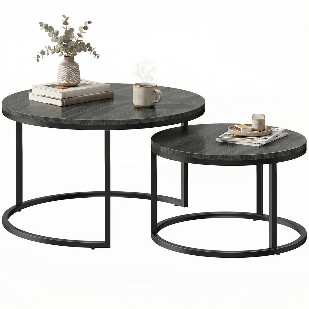 Set of Two Wood-Effect Stacking Tables - Black Wood Grain