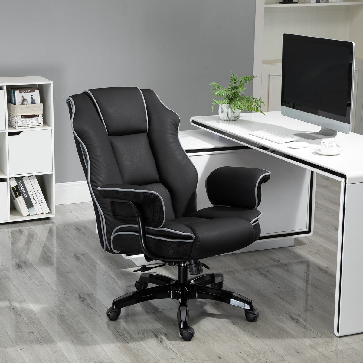  B¨¹rostuhl, Ergonomisch Schreibtischstuhl mit Liegefunktion, Drehfunktion, H?henverstellbar Computerstuhl f¨¹r Home-Office, Kunstleder, Schwarz