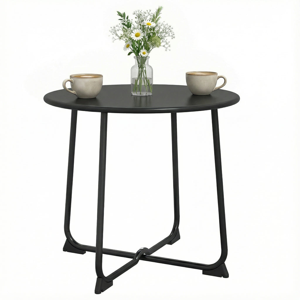50 cm Runder Outdoor-Tisch, Metall Gartencouchtisch mit X-förmigem Gestell und rutschfesten Füßen, Schwarz