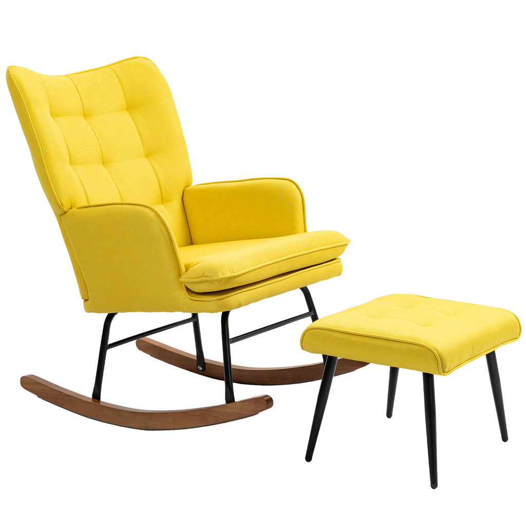 Schaukelstuhl mit Ottomane Skandidesign Schaukelstuhl mit Fußhocker, Buchenholz, Steppung, 64 cm x 89 cm x 90 cm Gelb