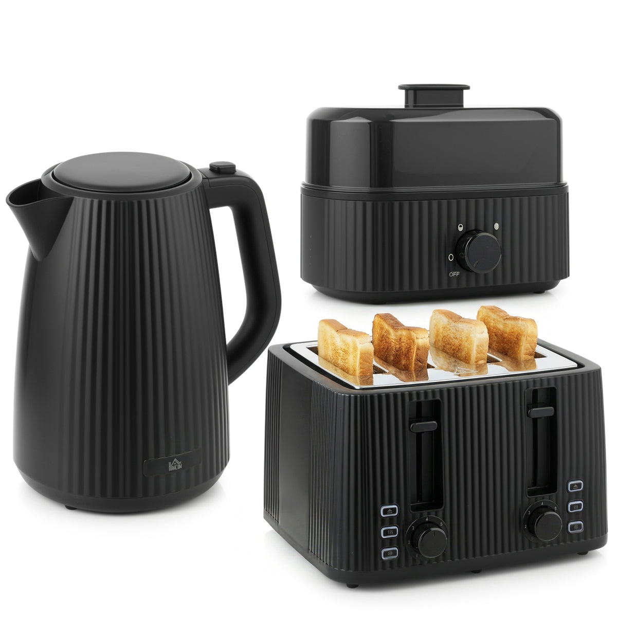 1,7L Schnellkoch-Wasserkocher und 4-Scheiben-Toaster-Set, Eierkocher für 6 Eier mit Kontrollleuchte Schwarz