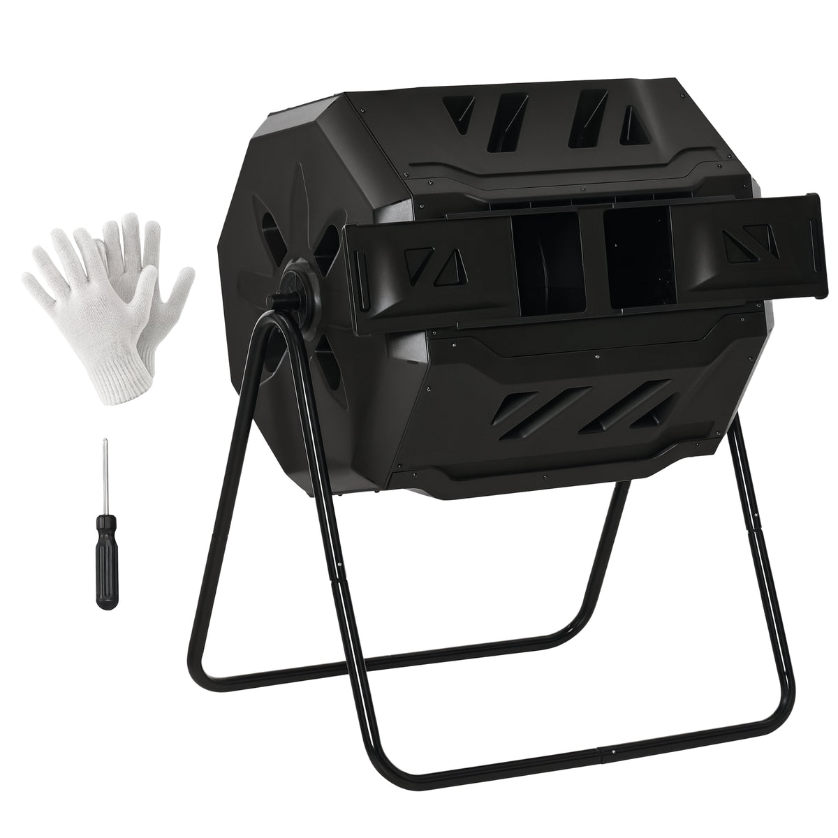 Kompostbehälter mit 2 Behältern, 160 L Fassungsvermögen, drehbar, 71 cm x 65 cm x 96 cm, Schwarz