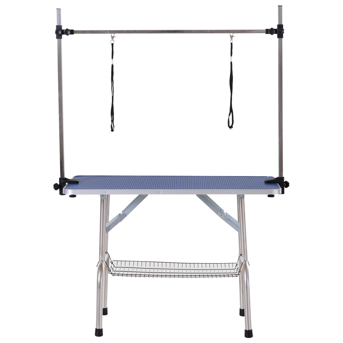 42" Dog Grooming Table, Adjustable Pet Cat Drying Beauty Table with 2 Loops Storage Basket, Rubber Top, Blue