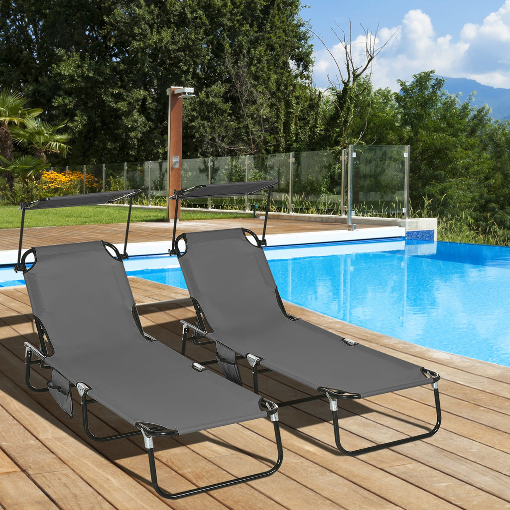 Set of Two Folding Sun Loungers, with Adjustable Backs and Sun Canopies - Grey