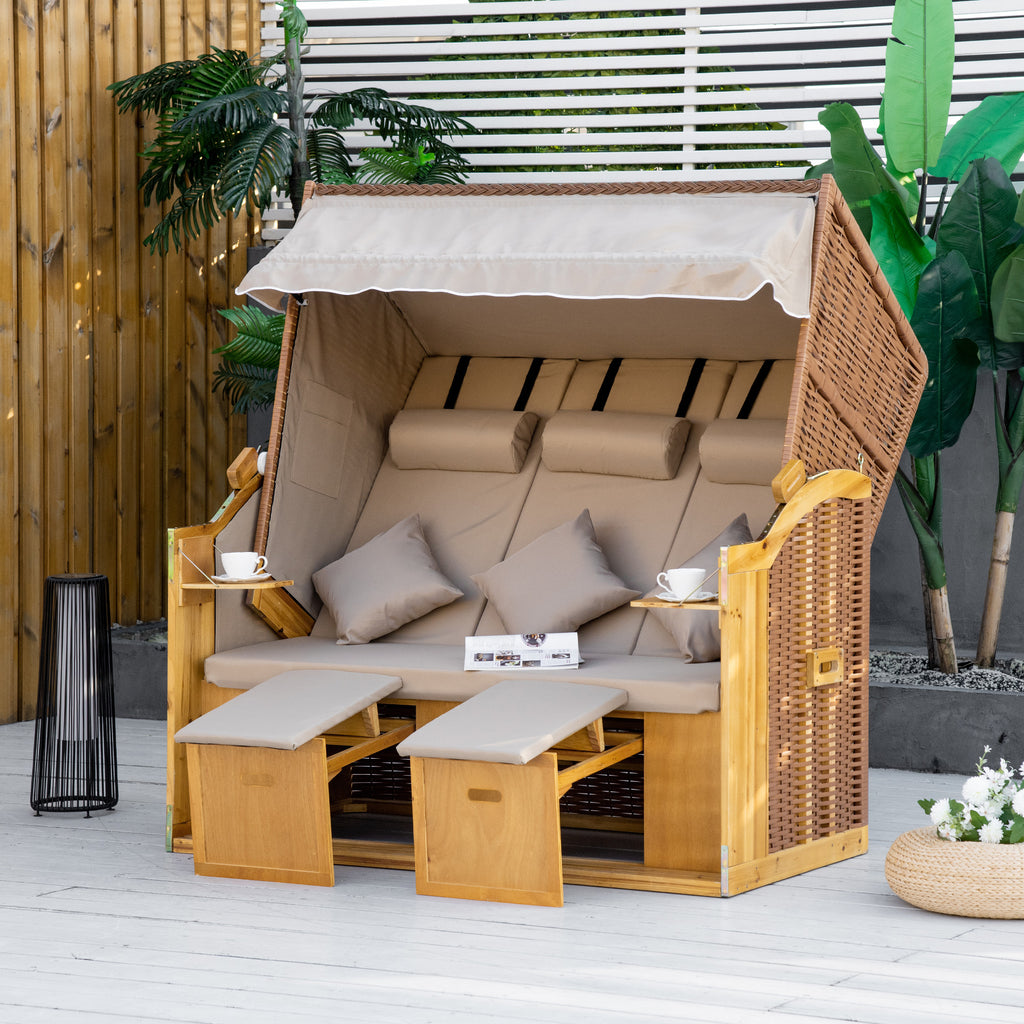 Strandkorb 3-Sitzer Sonnenliege mit Dach 2 Klapptischen Fußstütze Chaiselongue 5-stufige Rückenlehne XXL Polyrattan Natur 150 x 79 x 160 cm