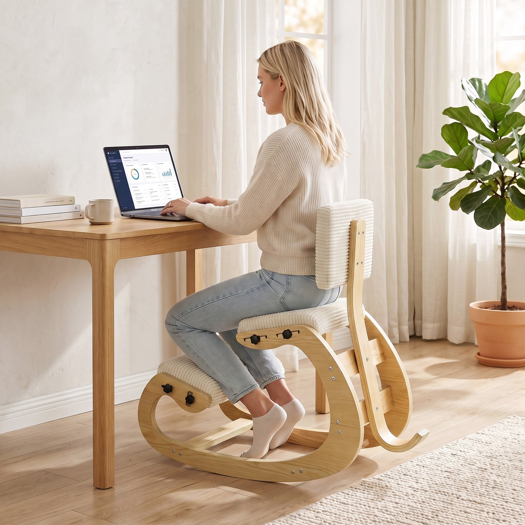 Ergonomischer Kniestuhl mit Rückenlehne, Cord-Optik, Cremeweiß