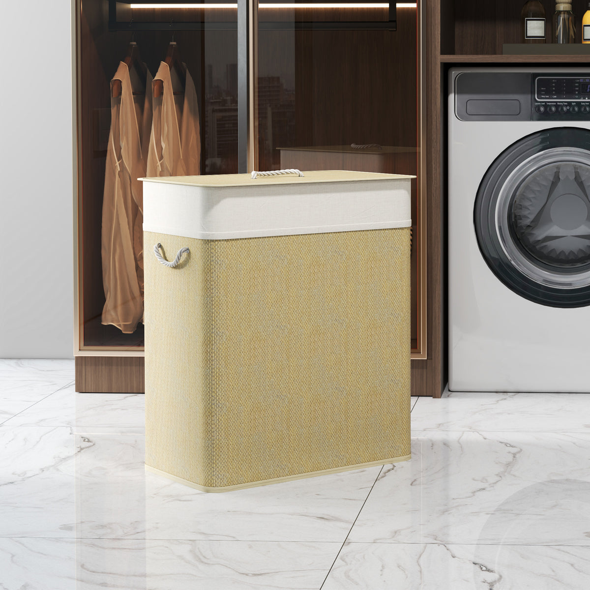 2 Section Laundry Basket with Lid, 100L Bamboo Laundry Hamper with Handles, Removable and Washable Liner, Cream White
