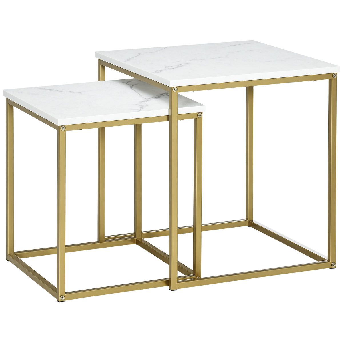 2er-Set Beistelltische, stapelbare Beistelltische, Tischplatte in Marmoroptik, Gold + Wei?