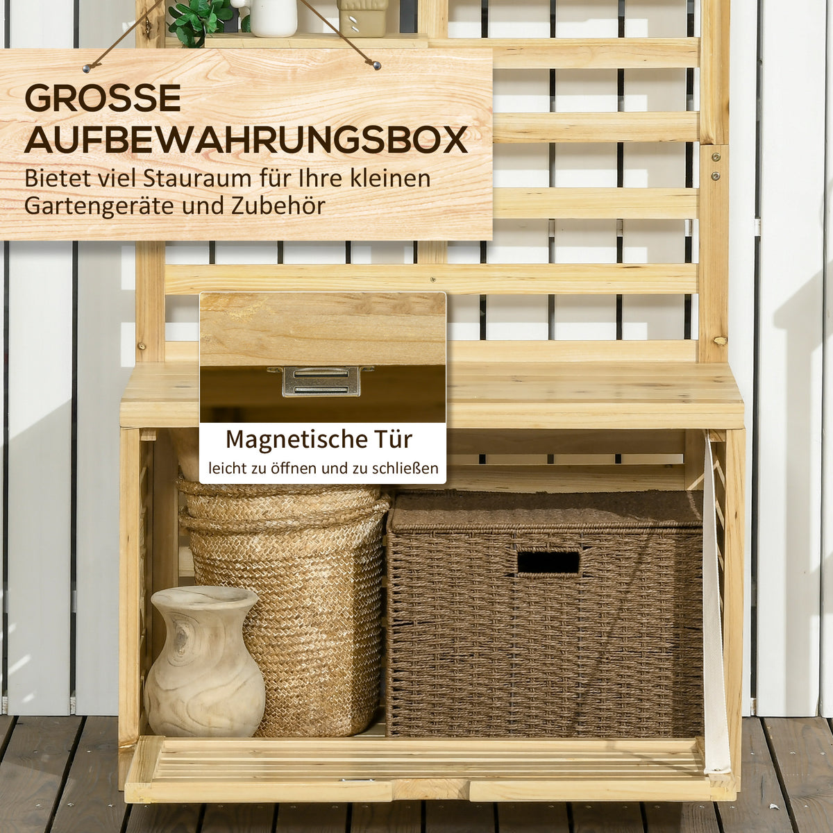Aufbewahrungsbox mit Spalier, 4 Hängeregale, Magnettür, Massivholz, Natur, 80 x 45 x 160 cm