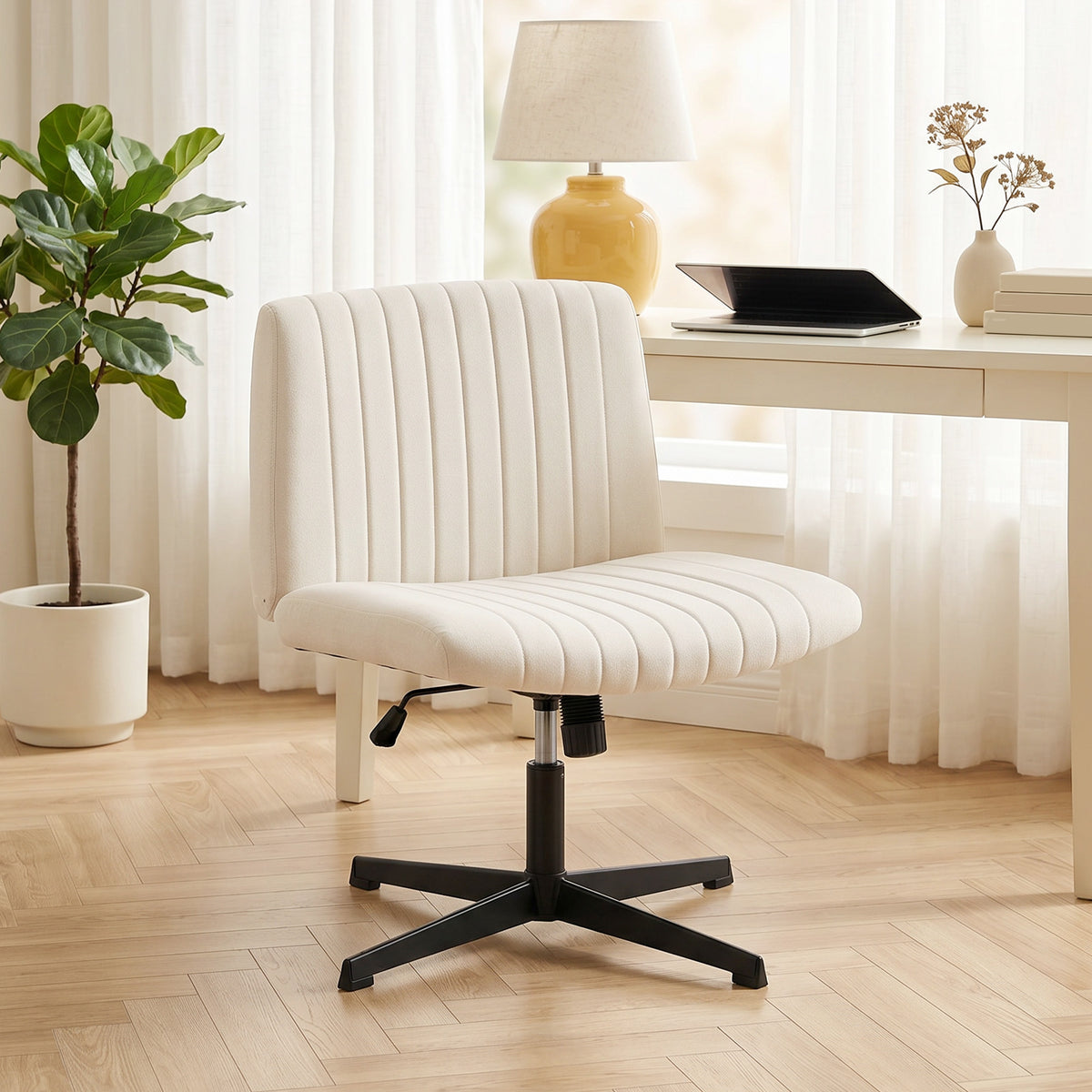 Homeoffice Stuhl höhenverstellbar Drehstuhl mit Leinenoptik Schneidersitz-Stuhl bis 120 kg belastbar, Cremeweiß