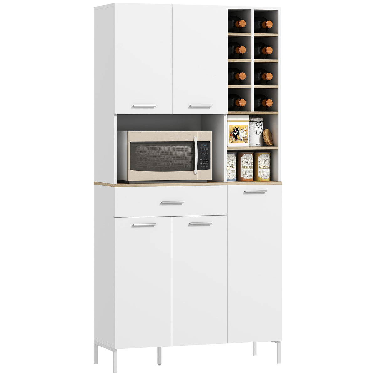 K¨¹chenschrank mit offenen Regalen, F?chern, Weinregal, Vorratsschrank mit 5 Schrankt¨¹ren, MDF, Wei?
