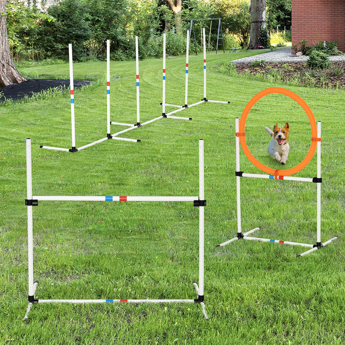  3 Piece Pet Agility Training Equipment Dog Play Run Jump Obedience Training Set Adjustable (Pole + Hoop + Hurdle)