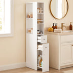 Schmaler hoher Badezimmerschrank, 135 cm Badschrank mit 2 Schubladen, weiß