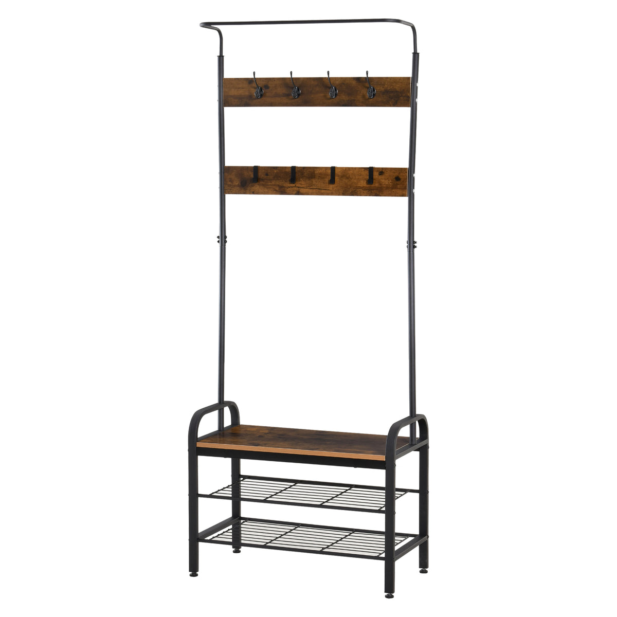 Garderobenständer Schuhregal Kleiderständer mit 8 Haken 2 Ablagen MDF Schwarz 72 x 34 x 185 cm