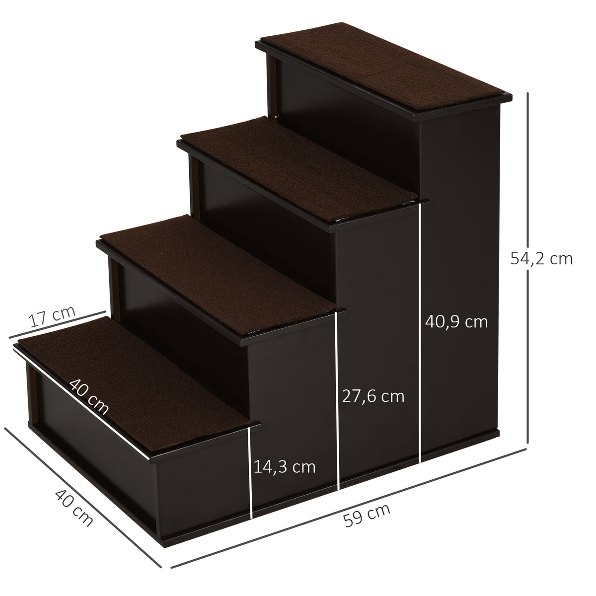 Haustiertreppe, für Hunde/Katzen, 4-stufig, Kurzplüsch, bis 30 kg, 40 x 59 x 54,2 cm, Dunkelbraun