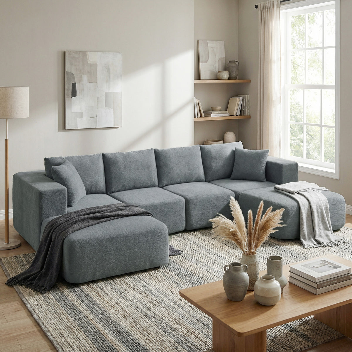 Modulares Ecksofa, U-Form Sofa mit breitem und tiefem Sitz, 2 Hocker, dunkelgrau