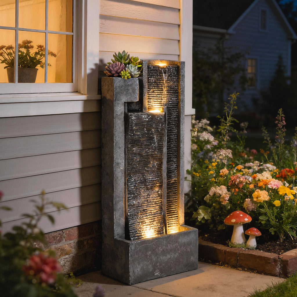 Springbrunnen 3-stufig Gartenbrunnen mit LED Beleuchtung Pflanzkübel Pumpe Steinoptik, Verstellbar 38 x 19 x 101 cm