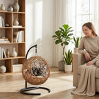Katzenbett Rattan Katzenhöhle mit Waschbarem Kissen und Spielball, für Katzen bis 10 kg, 45 x 41 x 75 cm, Hellbraun