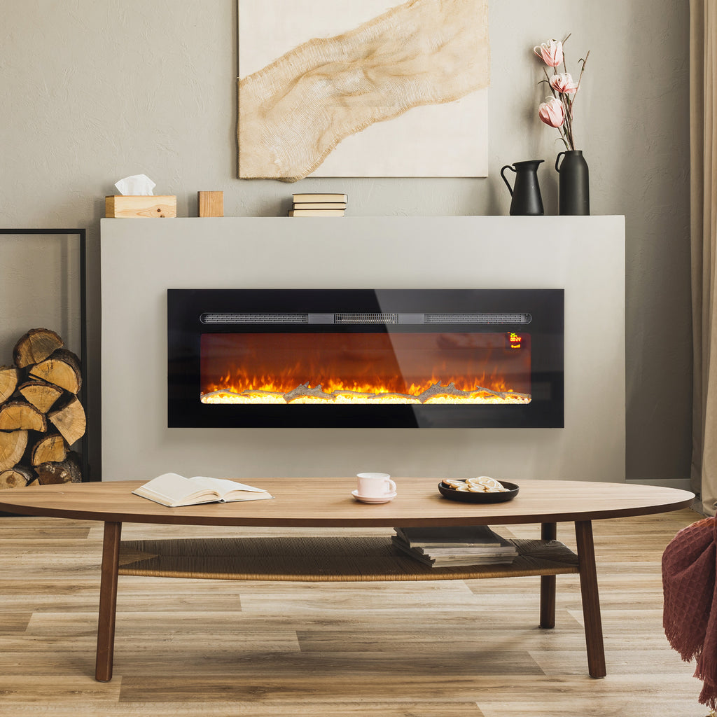 Elektrischer Kamin mit Wandhalterung und Fernbedienung, künstliche Holzscheite und Kristalle, 1800W Leistung, Schwarz