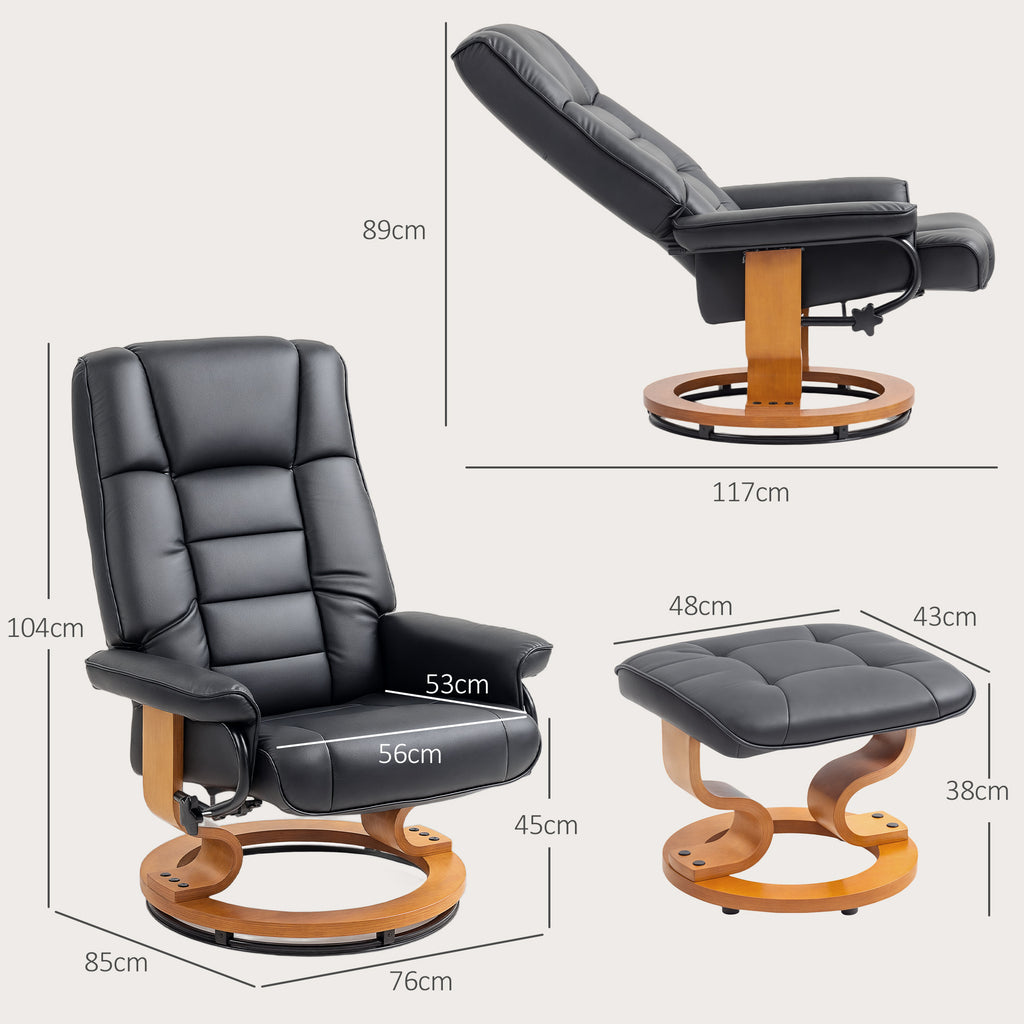 Relaxsessel mit Hocker, drehbar & neigbar, Kunstlederbezug, bis 150 kg, Holzgestell, Schwarz
