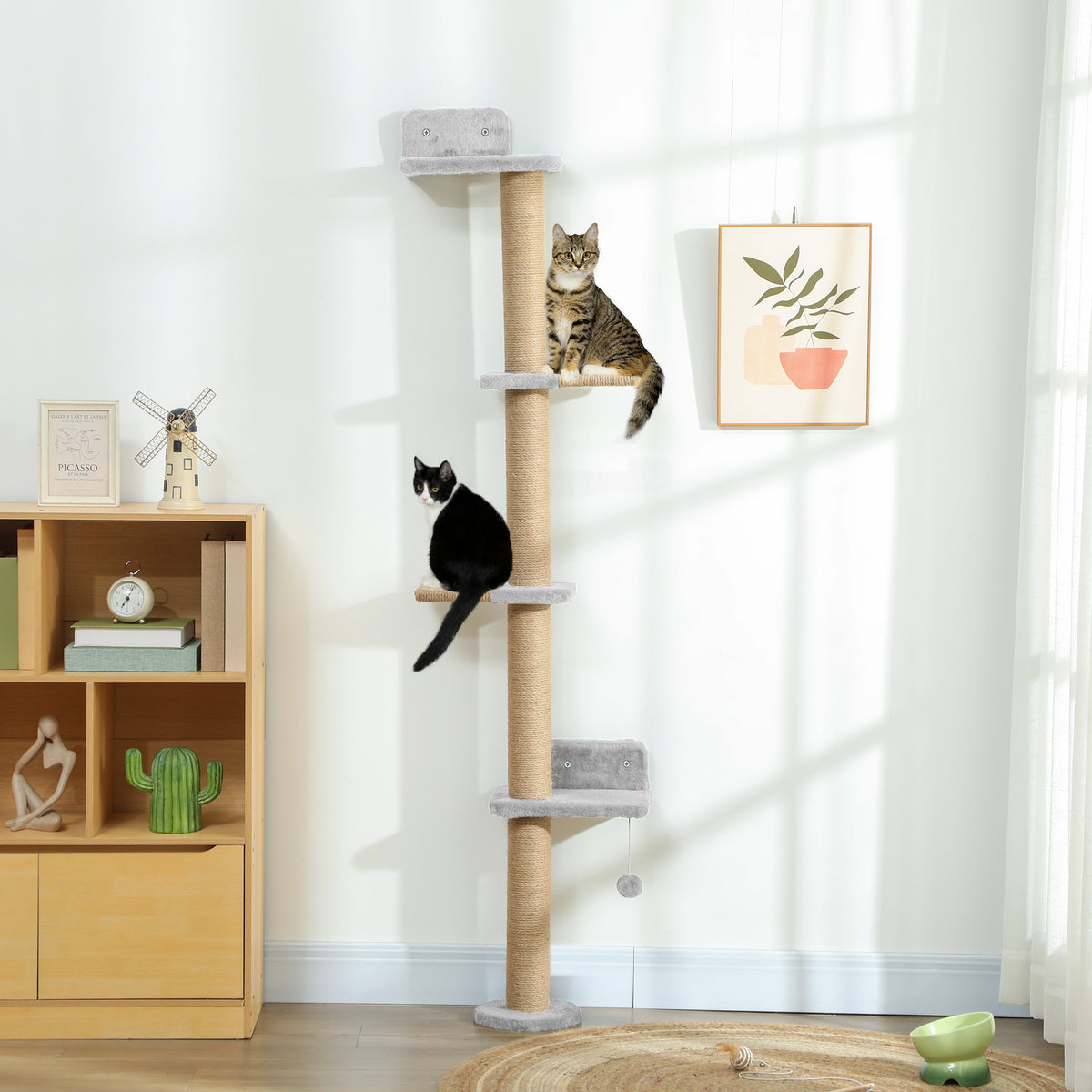 Wall Mounted Cat Shelves, Cat Climbing Wall with 4 Climbing Platforms, Jute Scratching Post and Toy Ball,180cm Tall, Light Grey