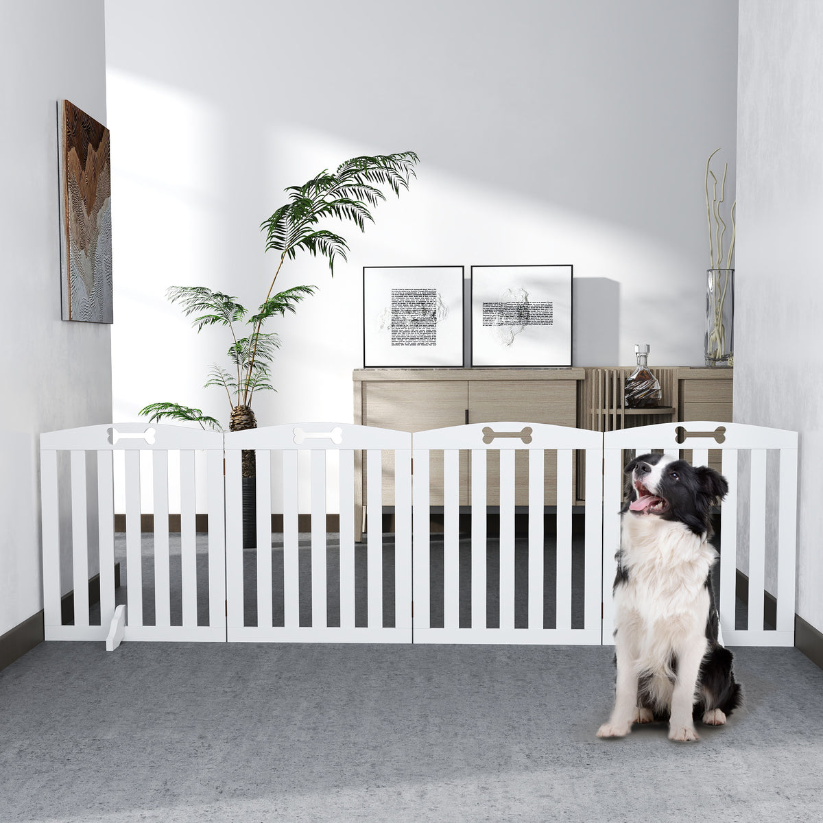 Freistehendes Hundegitter mit Stützfüßen, für Türrahmen, Flur, Treppe, 207,5x 30 x 61 cm, Weiß