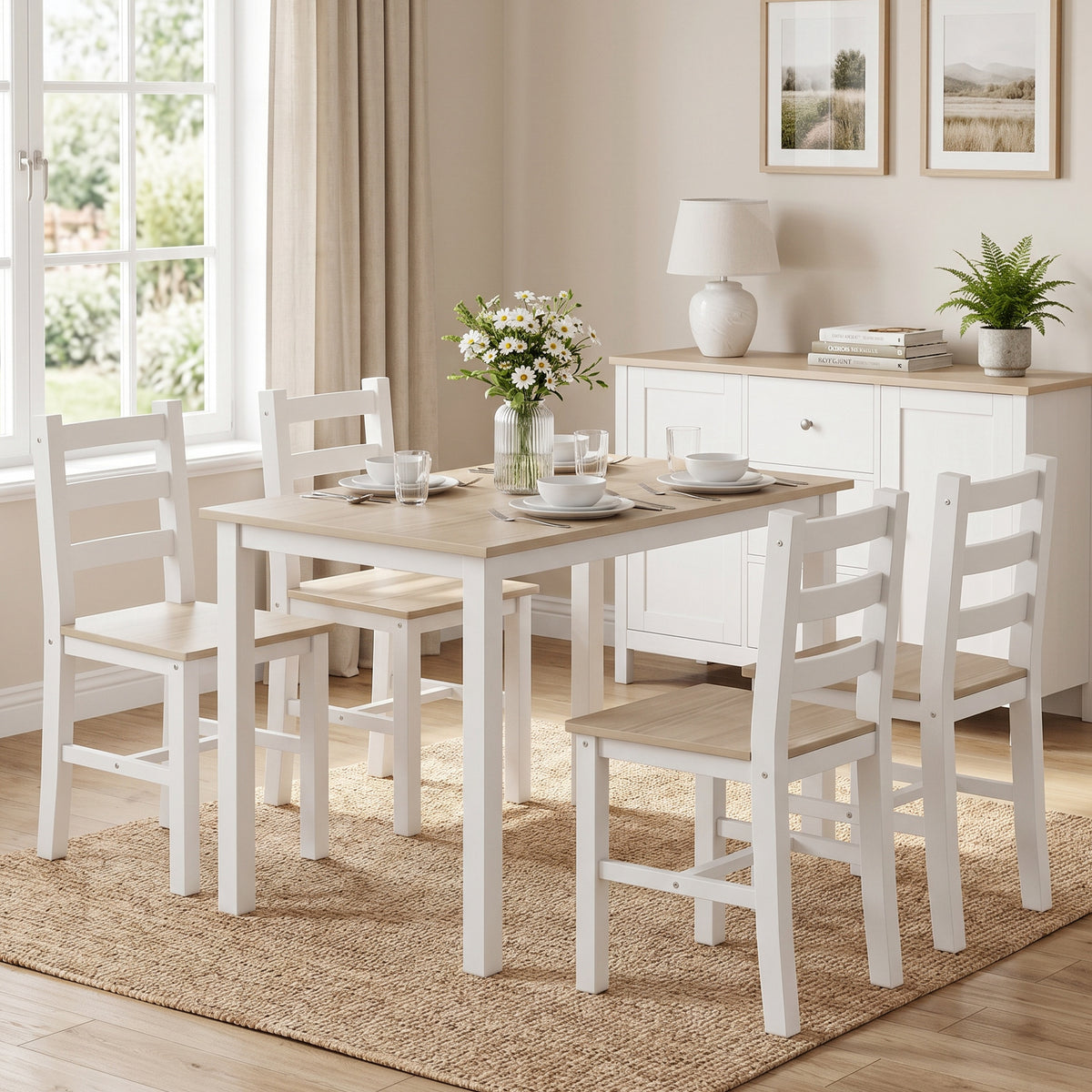 5-teiliges Essgruppe für 4 Personen, Landhaus-Esstisch und Stühle aus Massivholz, Natur/Weiß
