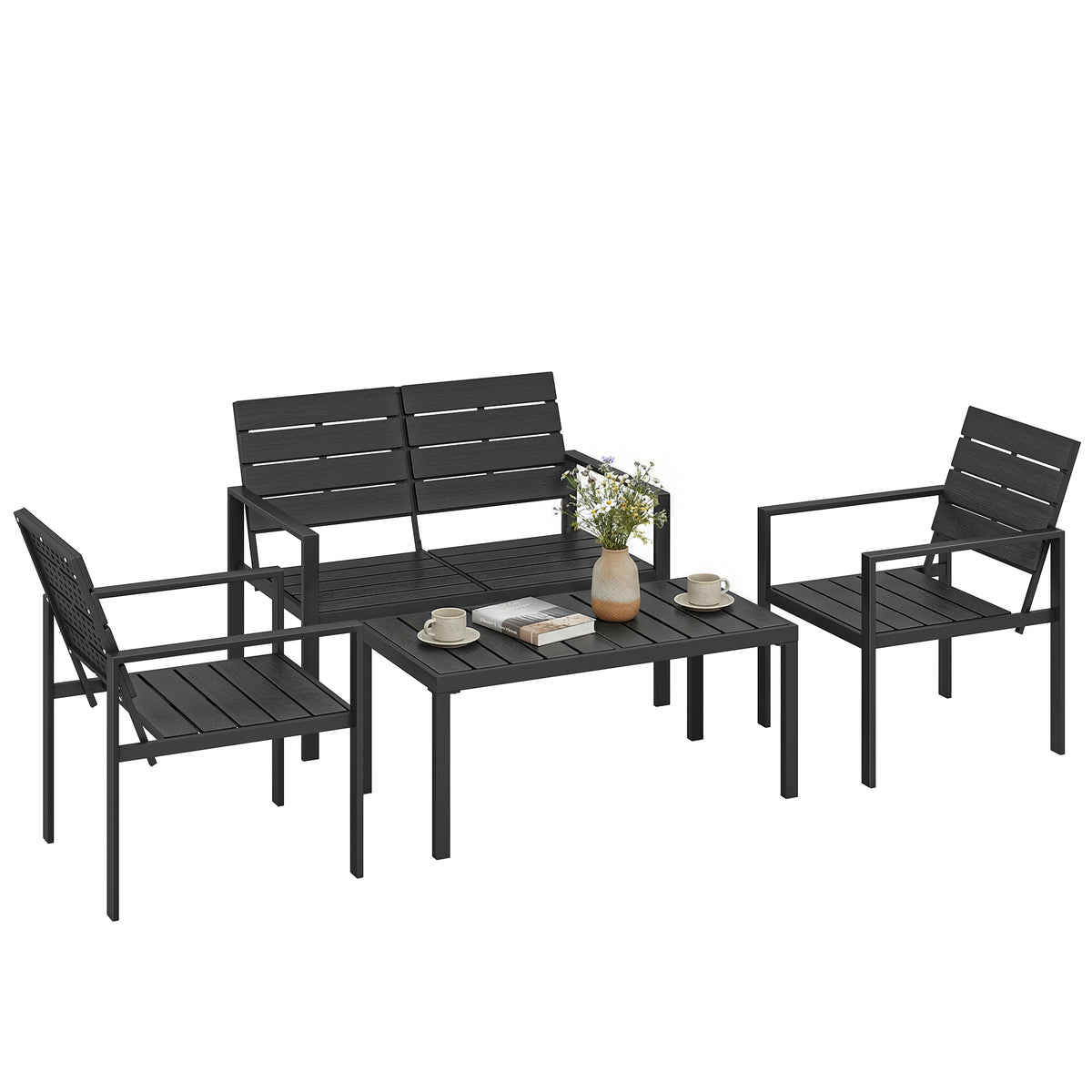 4 Piece Garden Furniture Set, Outdoor Sofa Set with HDPE Slatted Loveseat Armchairs Coffee Table Metal Frame, Black