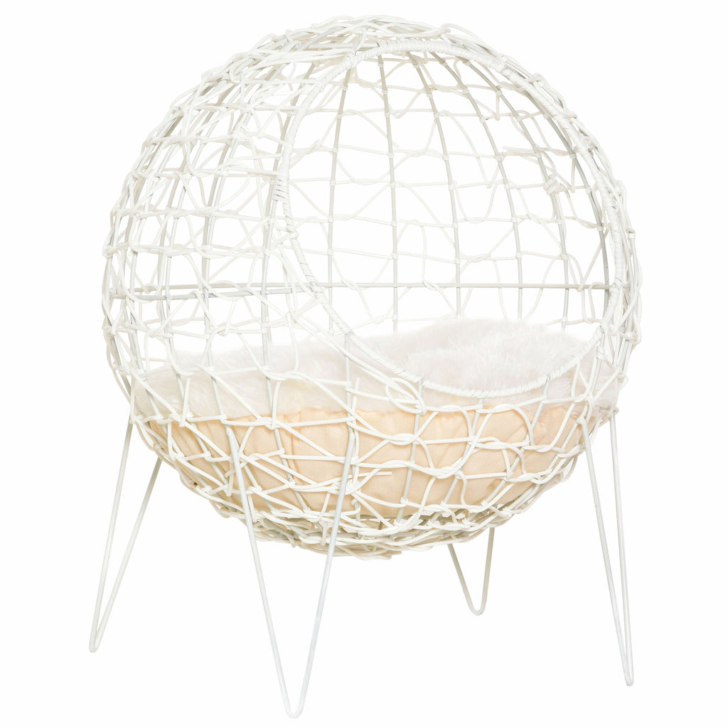  Rattan Katzenkorb Katzenhöhle Katzenhütte Katzenbett mit Kissen erhöhtes Design Haustierbett Cremeweiß Ø45 x 57H cm