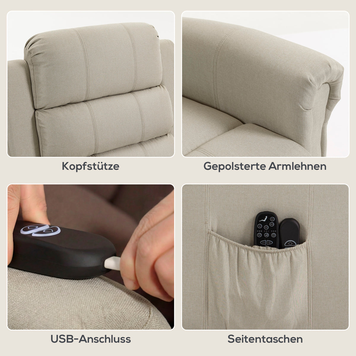 Massagesessel mit Aufstehhilfe, Relaxsessel, Vibrationsköpfe, mit Neigefunktion, Leinenoptik, Beige