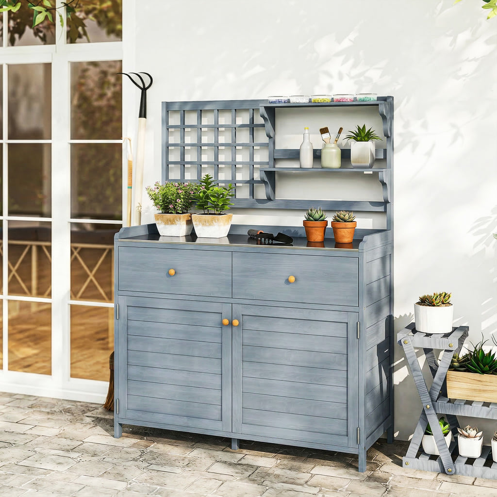 Pflanztisch mit Unterschrank Outdoor Holz Gartenschrank mit verzinkter Arbeitsplatte 2 Schubladen 104x44x140 cm Hellgrau